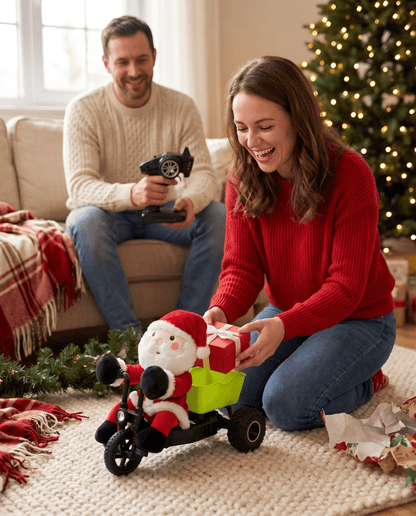 Couple enjoying a Christmas gift delivered by the Mini Santa remote control tricycle